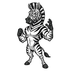 Cartoon illustration of a muscular zebra standing with fists clenched, displaying a strong and confident pose.