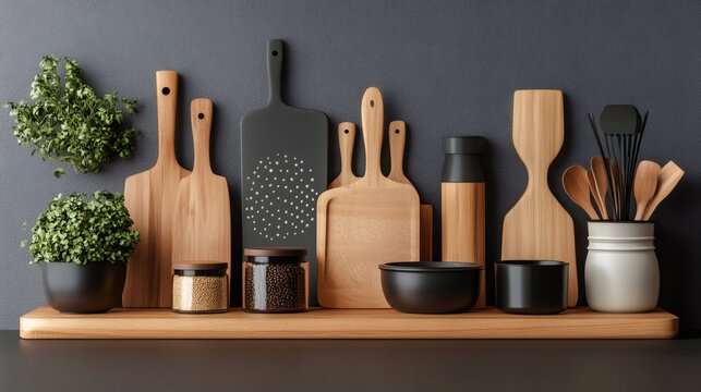 Kitchen utensils and spices on wooden shelf creating cozy atmosphere