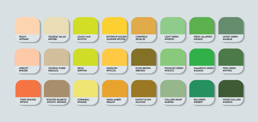 Tropical Forest Inspired Color Palette Chart with HEX Codes. A Blend of Fresh Greens, Warm Yellows, and Earthy Neutrals for Natural Design Projects. Fashion Trend Yellow Green Orange Color palette.