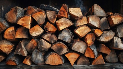 Stack of firewood logs resting on wooden shelf, ready for burning