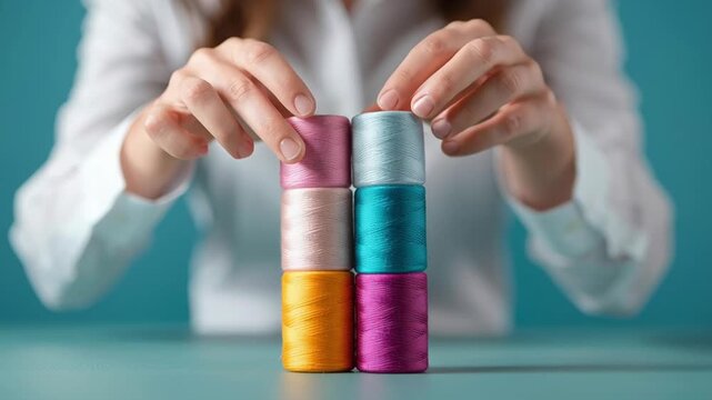 A tailor organizing spools of colorful thread