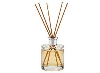 Glass bottle with diffuser reeds and essential oil for home fragrance