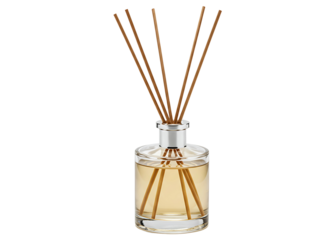 Glass bottle with diffuser reeds and essential oil for home fragrance