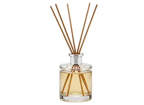 Glass bottle with diffuser reeds and essential oil for home fragrance