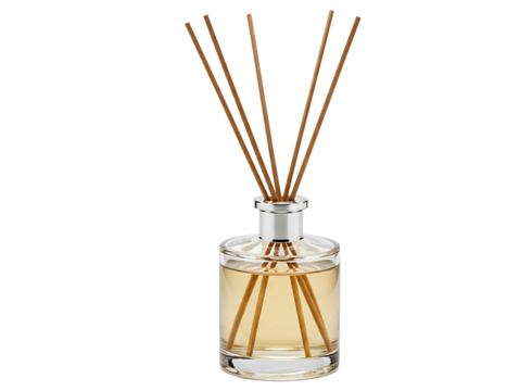 Glass bottle with diffuser reeds and essential oil for home fragrance