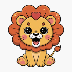 Cartoon lion with orange mane and heart sitting on a white background with big eyes and open mouth © Master