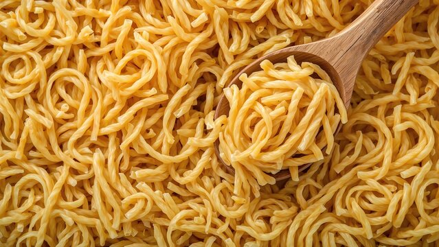 Unboiled tube-shaped rigate pasta placed in a wooden spoon