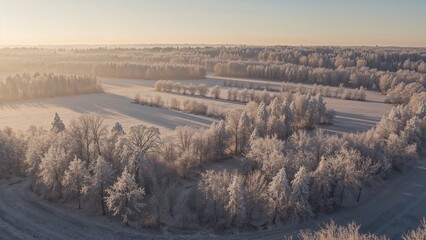 Sunlit snowy trees in a foggy winter morning landscape