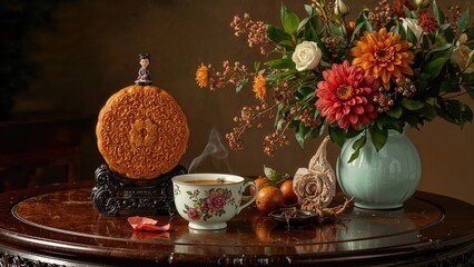 Fototapeta premium Classic mooncake paired with tea on a wooden surface, vintage style celebration treats for the mid-autumn festival