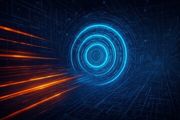 Abstract blue neon portal with orange light streaks in dark space