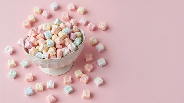 Colorful marshmallow sweets placed in a dish on a gentle pink background. Room for text. Ideal for festive cards and congratulatory notes.