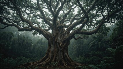 Solitary tree standing amidst rainfall