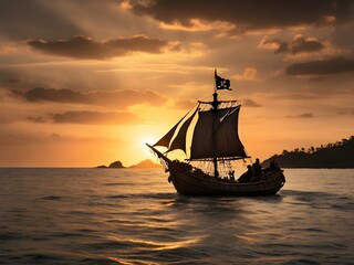 Obraz premium Dramatic sunset pirate boat approaching tropical island background with cinematic light and vintage seafaring ambiance for adventure themes