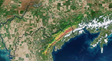Fototapeta premium Satellite Imagery of a Coastal Region with Agricultural Fields and Elevation Data