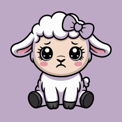 Illustration of a cartoon lamb sitting with a purple bow and a sad expression on a purple background