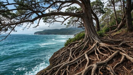Obraz premium Roots of a tree perched on a rocky shore