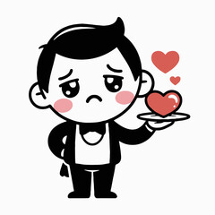 Cartoon waiter with sad expression holding a heart on a plate with floating hearts around him image