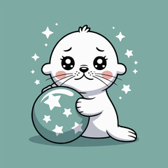 Cartoon baby seal holding a blue ball with white stars on a light blue background with stars around it