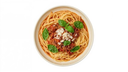 Classic pasta dish with fresh basil and parmesan cheese on white background