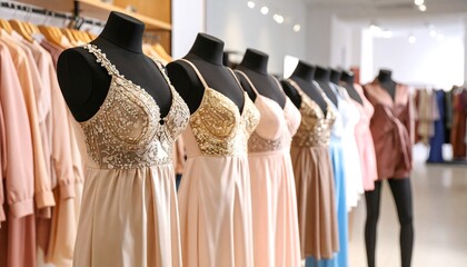 Fashion mannequins displaying dresses in a store