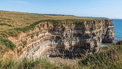 Fototapeta premium Visible layers of rock along a coastal area featuring limestone, sandstone, siltstone, and mudstone from the Alston Formation