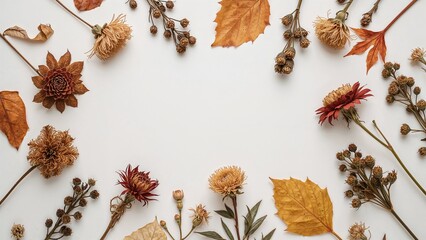 Composition of fall fashion elements and dried herbarium flowers against a light beige surface. Flat lay perspective with open space.