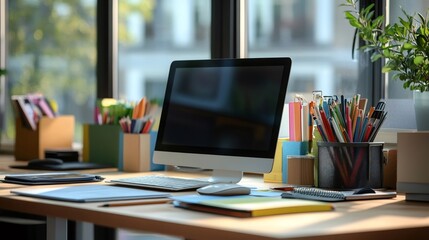 Fototapeta premium Modern office desk showing productivity and creativity with computer and stationery