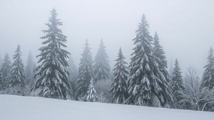 Fototapeta premium Misty winter woodland scene with limited sight, frost, and snow creating a festive atmosphere.