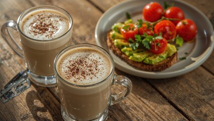 A pair of lattes accompanied by vibrant avocado toast