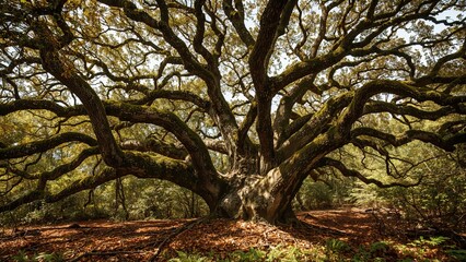 Fototapeta premium An expansive oak tree adorned with moss on its branches, spreading over a sun-dappled forest ground and forming complex shadows.