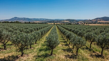 Rows of young olive saplings thriving on cultivated fields in a Mediterranean region