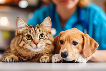 Pets relax together while receiving care at a veterinary clinic during a sunny afternoon