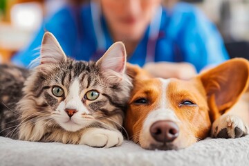 Pets relax together while receiving care at a veterinary clinic during a sunny afternoon