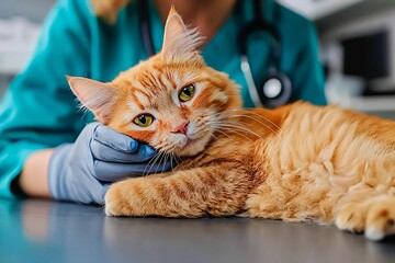 Veterinary check-up for a fluffy cat at a clinic with a caring professional