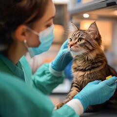 Veterinary check-up for a fluffy cat at a clinic with a caring professional