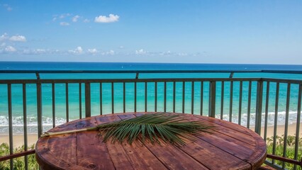 Balcony wooden surface with tropical palm leaves and expansive sea and sky scene