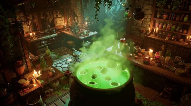 Witch's potion room with bubbling cauldron, floating ingredients, glowing green mist and flickering candlelight in a cozy, magical interior.