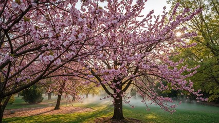 Obraz premium Nature's beauty showcased by blooming cherry trees in a public park
