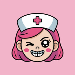 Cartoon nurse with pink hair winking and smiling wearing a white nurse cap on a pink background