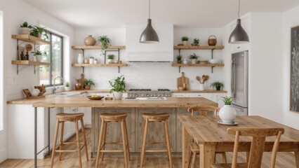 Fototapeta premium Faintly blurred image of a bright, modern farmhouse kitchen featuring wooden countertops, plant-lined shelves, and ample room for culinary activities and dining.