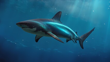 Fototapeta premium Shark glides underwater, powerful silhouette in shimmering blue ocean