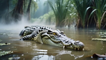 Obraz premium Crocodile emerges from misty swamp surrounded by dense vegetation