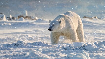 Naklejka premium Polar bear strides across icy tundra under a wintry sky
