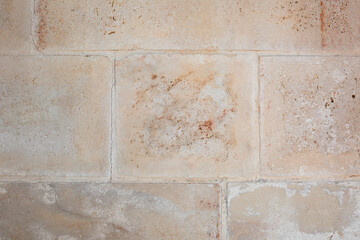 Horizontal view of a layered, sandstone exterior wall building facade