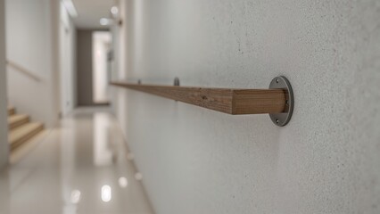 Wall mounted wooden hand rail attached to a white wall in a modern interior hallway with stairway visible in background