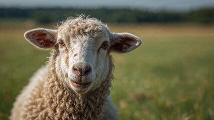 Fototapeta premium Humorous close-up shot of a soiled sheep grazing outdoors