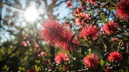 Sunlit red callistemon flowers thriving in a lush spring garden