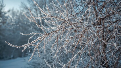 Tree branches enveloped in frost and snow within a snowy forest environment