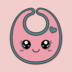 A cute pink baby bib with big eyes and a heart on a light pink background cartoon illustration