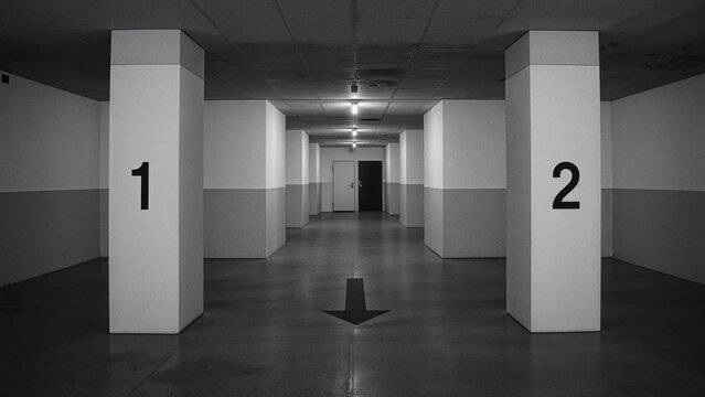 Black & white figures one and two painted on support beams adjacent to jail cells, featuring an arrow pointing downward to the floor, vertical orientation suitable for numerical or penal context